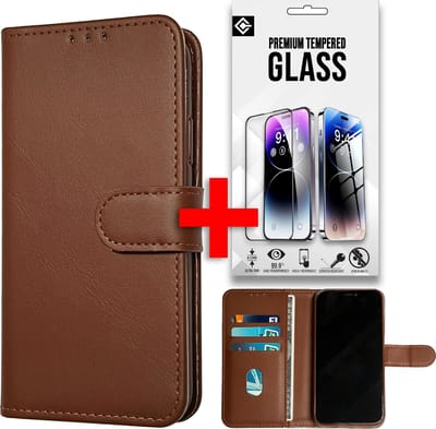 Casemania Hoesje Geschikt voor Motorola Moto G14 Bruin & Glazen Screenprotector - Portemonnee Book Case - Kaarthouder & Magneetlipje