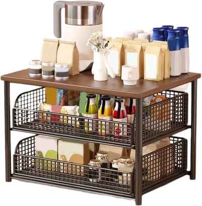 Aanrecht Mandenrek - Keuken Organizer - Keuken Ordenen - Dubbele Laden - 35x26x26 cm - Bruin