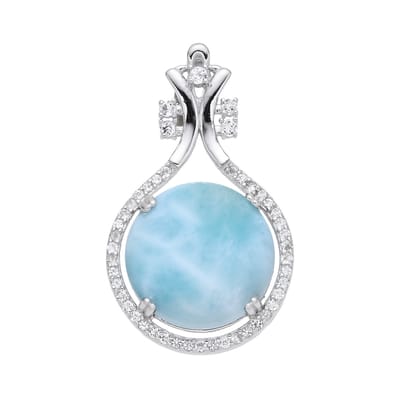 Cavill - Zilveren Hanger - 925 Sterling Zilver - 4,92 ct Larimar Ronde Cabochon - 45 Witte Topaas - Elegant Designer Sieraad