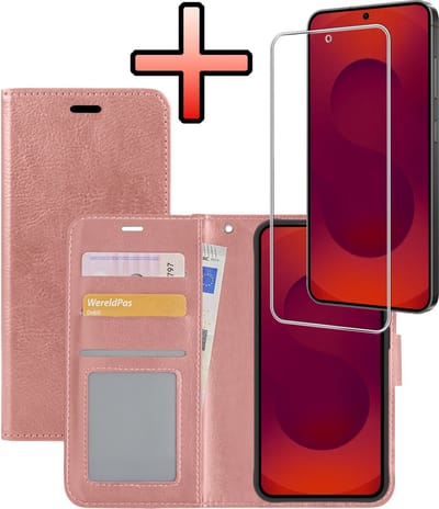 Hoesje - Met Screenprotector - Geschikt voor Samsung Galaxy S25 FE - Luxe Pasjeshouder - Bookcase Portemonee - Flip Case - Kunstleer Book Case - Flipcase - Book Cover - Walletcase - Portemonneehoes - Rosé goud