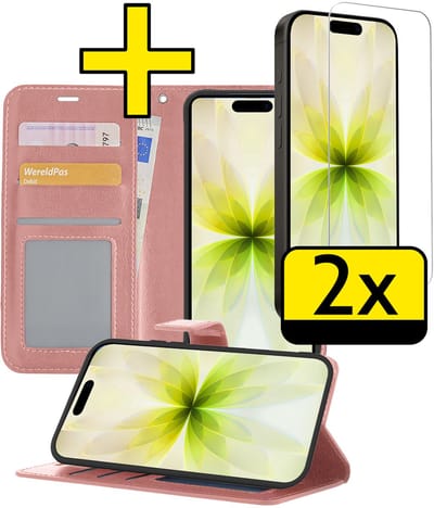 Hoesje - Met 2x Screenprotector - Geschikt voor Apple iPhone 17 - Luxe Pasjeshouder - Bookcase Portemonee - Flip Case - Kunstleer Book Case - Flipcase Hoes - Book Cover - Walletcase - Portemonneehoes - Telefoonhoesjes - Rosé goud