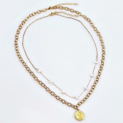 Set van 2 Dames Kettingen - goudkleurige RVS - Munthanger Ketting - Parels Ketting