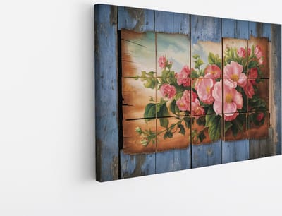 Saammp Canvas Schilderij - Roze bloemen op hout - Abstract - 30x20 - Foto op canvas - Wanddecoratie - Muurdecoratie Woonkamer - Kantoor Decoratie