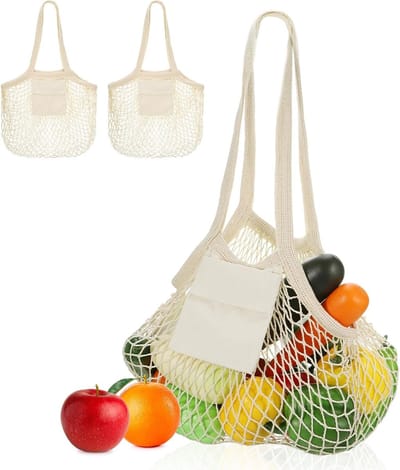 Set van 2 Herbruikbare Katoenen Netzakken met Kleine Pouch, Ideaal voor Strandspellen, Fruit en Groenten Opslag
