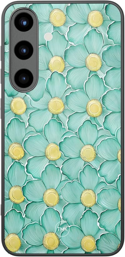 Hoesje geschikt voor Samsung Galaxy S25 - Mint blossom - Groen - TPU luxe case (glossy toplaag) - Bloemen - Hardcase backcover zwart