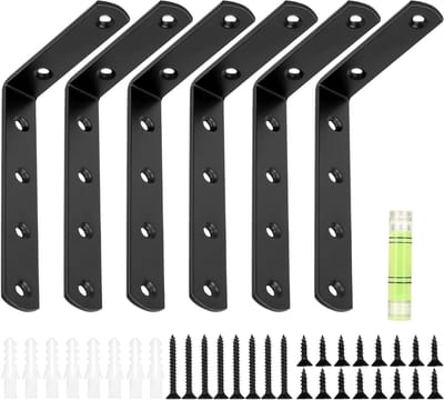Set van 6 stevige L-vormige wandplanken, hoekrek voor optimale ruimtebesparing, met zwevende metalen beugels (125 x 75 mm)