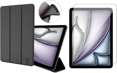 Hoes en Screenprotector geschikt voor iPad Air 11 inch 2024 – Ook geschikt voor iPad Air 10.9 2022 / 2020 & Pro 11 2022 / 2021 / 2020 – Smart Cover met Tri-Fold Stand – Schokbestendig – Auto Wake/Sleep – TPU Backcase – Zwart