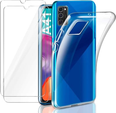 HB Hoesje en Glas Geschikt voor Samsung Galaxy A41 - Transparant - Siliconen Back Cover + 2x Glazen Screenprotector