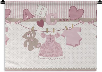 Wandkleed - Wanddoek - Baby kleren - Meisje - Knuffelbeer - Waslijn - Design - 60x45 cm - Wandtapijt