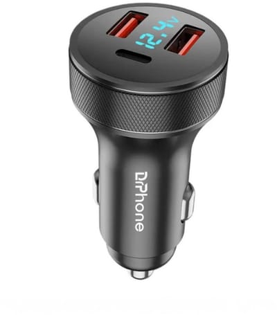 DrPhone 72W Autolader met LED Display – 3 Poorten (A 18W +A 18W +C 36W) – Aluminium Behuizing – QC3.0 & PD Snelladen - 12/24V - Zwart