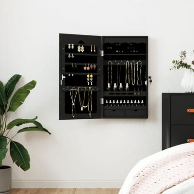 vidaXL - Sieradenkast - met - spiegel - wandgemonteerd - 37,5x10x67 - cm - zwart