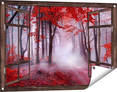 Gards Tuinposter Doorkijk Rood Bos met Bomen - 90x60 cm - Tuindoek - Tuindecoratie - Wanddecoratie buiten - Tuinschilderij