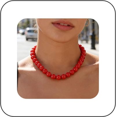 Elegante Boho Korte Ketting met Rode Parels, Dikke Minimalistische Stijl en Ronde Accenten voor een Unieke Look