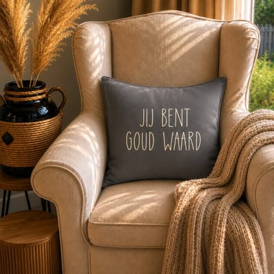 Kussen Kussenhoes met tekst bedrukt cadeau | jij bent goud waard | lichtgrijs met opdruk goud | 40x40cm | opa oma mama papa juf meester bedanken collega vriendin juffendag vaderdag moederdag verjaardag man vrouw