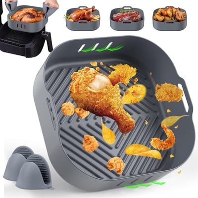 Famanu – Siliconen vorm voor heteluchtfriteuse - 20 cm - siliconen pot - herbruikbare luchtfriteuse - siliconen pan met twee ovenhandschoenen - hittebestendig - eenvoudige reiniging - voor magnetron - ovenaccessoires