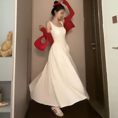 Koreaanse Jurk met Vierkante Hals en Bretels voor Dames Zomer Nieuwe Stijl Taille-omsluitende A-lijn Lange Rok Zachte Kleine Puffy Rok S