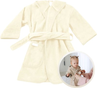 Funnies Badjas Ecru 1-2 Jaar Baby Badjas, Badjas Kinderen, Peuterbadjas - 100% Katoenen Badstof - Zacht en Absorberend - Perfect na Zwemmen, Douchen of Badderen - Ideaal als Cadeau voor Baby’s en Kinderen
