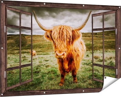 Gards Tuinposter Doorkijk Schotse Hooglanders in de Weide met Wolken - 150x100 cm - Tuindoek - Tuindecoratie - Wanddecoratie buiten - Tuinschilderij
