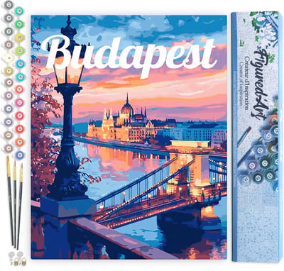 Figured'Art Schilderen op Nummer Volwassenen canvas Reisposter Boedapest bij Schemering - Handwerk acrylverf Kit DIY Compleet - 40x50cm zonder frame
