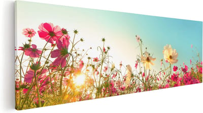 Artaza Canvas Schilderij Bloemenveld - 60x20 cm - Muurdecoratie Roze Bloemen - Wanddecoratie Woonkamer - Kamer Accessoires