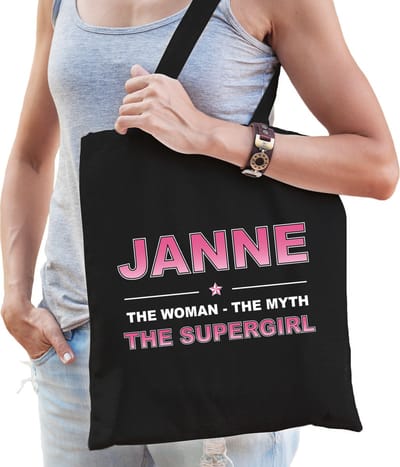 Naam cadeau Tasje voor Janne - The woman, The myth the supergirl - katoenen - zwart - verjaardag - moederdag - collega - vriendin