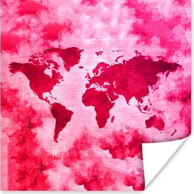 Poster 30x30 cm - Wereldkaart - Kleuren - Roze - Posters - Kamer decoratie - Wanddecoratie woonkamer - Muurdecoratie slaapkamer