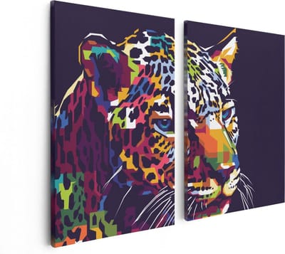 Artaza Canvas Schilderij Tweeluik Kleurrijke Luipaard - Abstract - 80x60 - Foto Op Canvas - Canvas Print