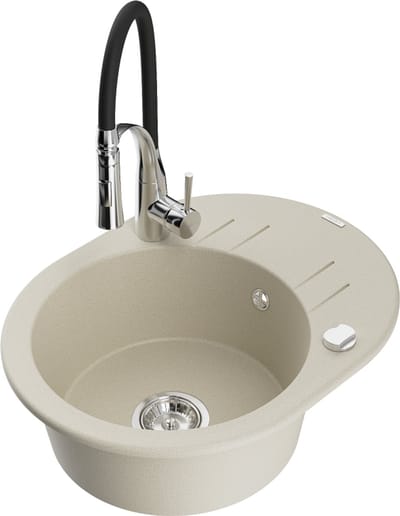 Mexen Kevin granieten spoelbak 1-komorig met afdruiprek en keukenkraan Aster, beige - 6517-69-73450-07