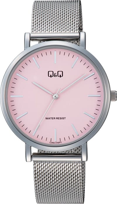 Q&Q C34A-016PY - Horloge - Analoog - Unisex - Milanese/Mesh stalen band - Rond - Metaal - Streepjes - Zilverkleurig - Roze