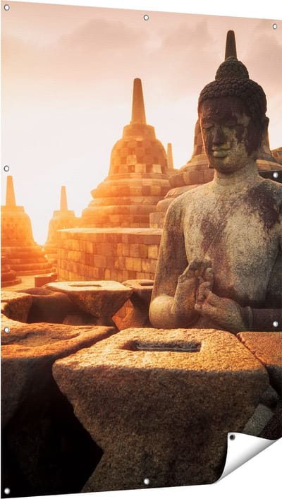 Gards Tuinposter Boeddha Beeld in een Tempel - 100x150 cm - Tuindoek - Tuindecoratie - Wanddecoratie buiten - Tuinschilderij