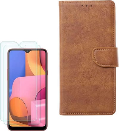 hoesje Geschikt voor: Samsung Galaxy M31S Portemonnee Bruin met 2 stuks Glas Screen protector