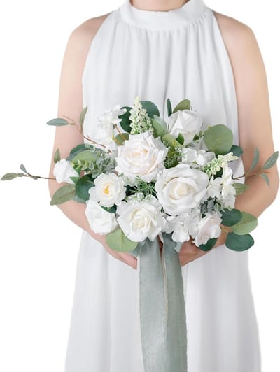 25,5 cm wit & groen bruidsboeket, bruidsboeket, bruidsboeketten voor huwelijksceremonie, verjaardag, feest en Franse rustieke vintage bruiloft, kunstbloemen..