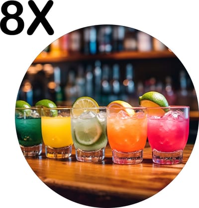 Luxe Ronde Placemat - Gekleurde Cocktails op een Bar - Set van 8 Placemats - 50x50 cm - 2 mm dik Vinyl - Anti Slip - Afneembaar