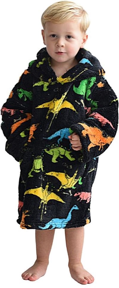 Dino fleece hoodie deken met mouwen - fleece poncho voor kinderen – Draagbare deken - fleece plaid met mouwen - maat 98/128 – lengte 60 cm – warm & zacht – relax outfit kids - zwart - Badrock