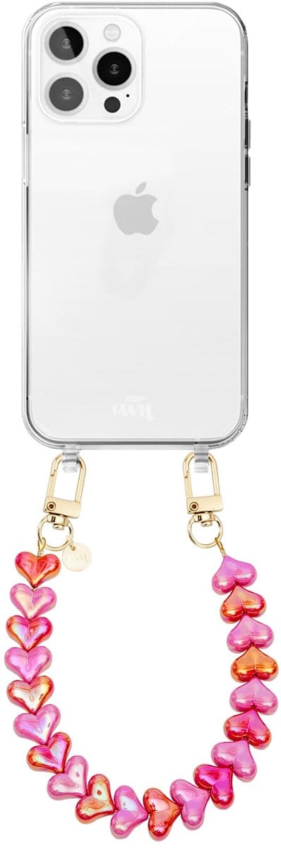 xoxo Wildhearts siliconen hoesje - Geschikt voor iPhone 16 Pro Max hoesje - Funky Hearts (Pink & Red Metallic) - Telefoonhoesje - Hoesje met koord - Roze en Rood koord - kort telefoonkoord - Hartjes ketting - Transparant hoesje