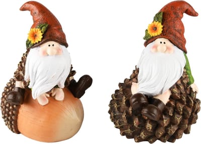 Dekoratief | Herfstgnoom op eikel/dennenappel, resina, 9x9x14cm, set van 2 stuks | A235792