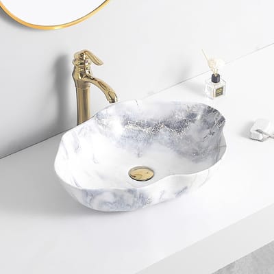 Ovale Opbouw Wastafel - Waskom Set - Badkamer Renovatie - Uniek Marmerpatroon - 50.5 x 37.5 cm - Grijs