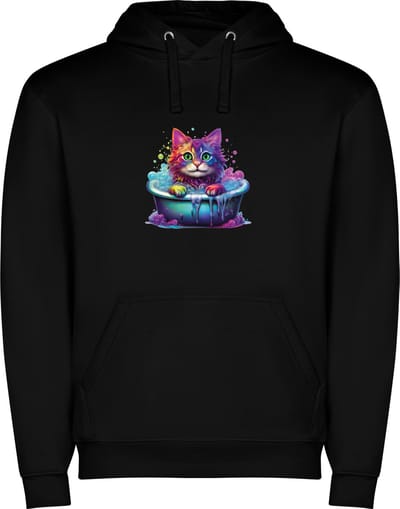Zwarte unisex hoodie met “Kleurrijke kat in bad“ Print Full Color merk Roly maat S
