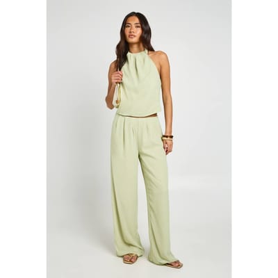 boohoo Dames Chiffon Geplisseerde Haltertop En Wijde Broek Set | Pistache | Maat: 38