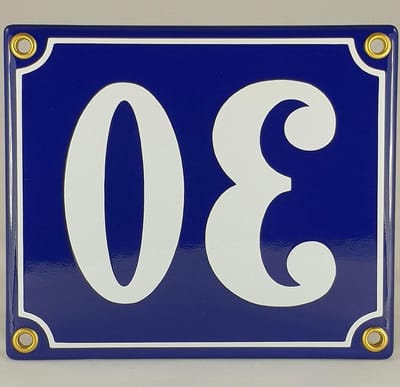 Huisnummer Schild - Emaille Nummer - Huis Herkenning - Handgemaakt Emaille - Nummer 30 - Blauw Wit