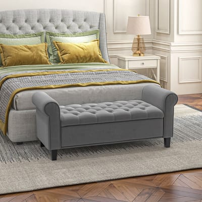 MODFU Gecapitonneerde Opbergbank Zitbank met Opbergruimte - 126x48,5x57 cm - Klassieke Stijl met Armleuningen - Voor Slaapkamer of Hal - Comfortabele Velourslook - Polyester - Grijs