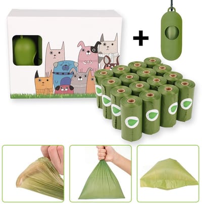 poepzakjes-Poepzakjes voor onderweg - Dispenser voor 16 rollen - Extra sterk, 100% lekvrij, biologisch afbreekbaar (groen)
