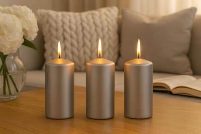 Set van 3 Zilvere Pijlerkaarsen - Lange Brandende, Ongeparfumeerde Decoratiekaarsen voor Feest & Huis
