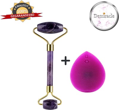 Demiracle Amethist Face Roller met Paarse Siliconen Gezichtsborstel - Cadeau - Gezichtsroller - Massage Roller - Jade Roller - Rimpelverwijdering - Ontspanning - Kwaliteit