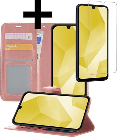 Hoesje - Met Screenprotector - Geschikt voor Samsung Galaxy A16 - Luxe Pasjeshouder - Bookcase Portemonee - Flip Case - Kunstleer Book Case - Flipcase - Book Cover - Walletcase - Portemonneehoes - Telefoonhoesjes - Rosé goud