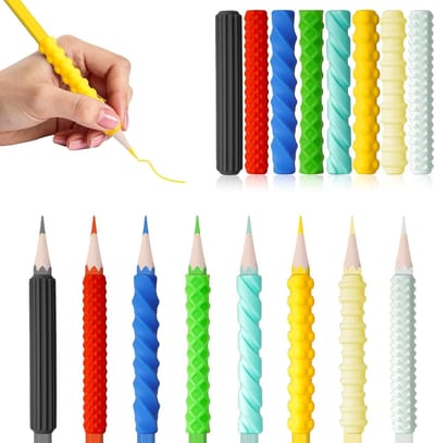 Ergonomische schrijfhulpmiddelen voor kinderen, 8-delige set met siliconen penhandvatten, ideaal voor concentratie en stressvermindering, perfect voor studenten en kantoorwerkers