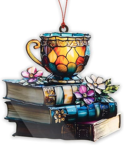 Kleurvolle Acryl Boekdecoratie met Theekop en Bloem - Raamdecoratie voor Thuis en Persoonlijk Cadeau voor Boekenliefhebbers