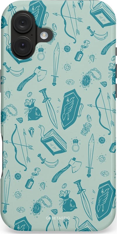 Casetastic hoesje geschikt voor Apple iPhone 16 Plus - MagSafe - Dubbellaagse bescherming - Avontuurlijke buit vol wapens - Fashion Case - Zilver Saliegroen Petrol