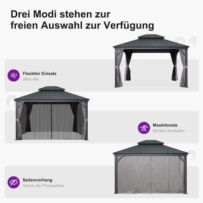 Tuinpaviljoen 3x3,65m Hardtop Aluminium met Stalen Dak – Waterdicht UV-bestendig met Gordijnen en Muggennet – Luxe Terras Overkapping Grijs | Laura