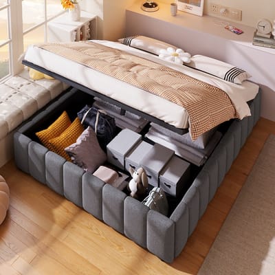Gestoffeerd bed - 140*200cm - hydraulische opslag - zonder hoofdeinde - zonder matras - grijs